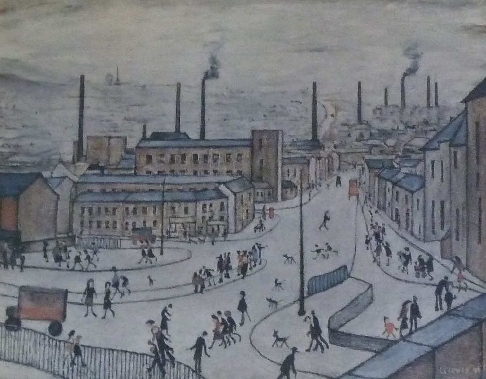 •LAURENCE STEPHEN LOWRY (1887-1976) ARTIST SIGNED COLOUR PRINT `Huddersfield` signed in pencil and