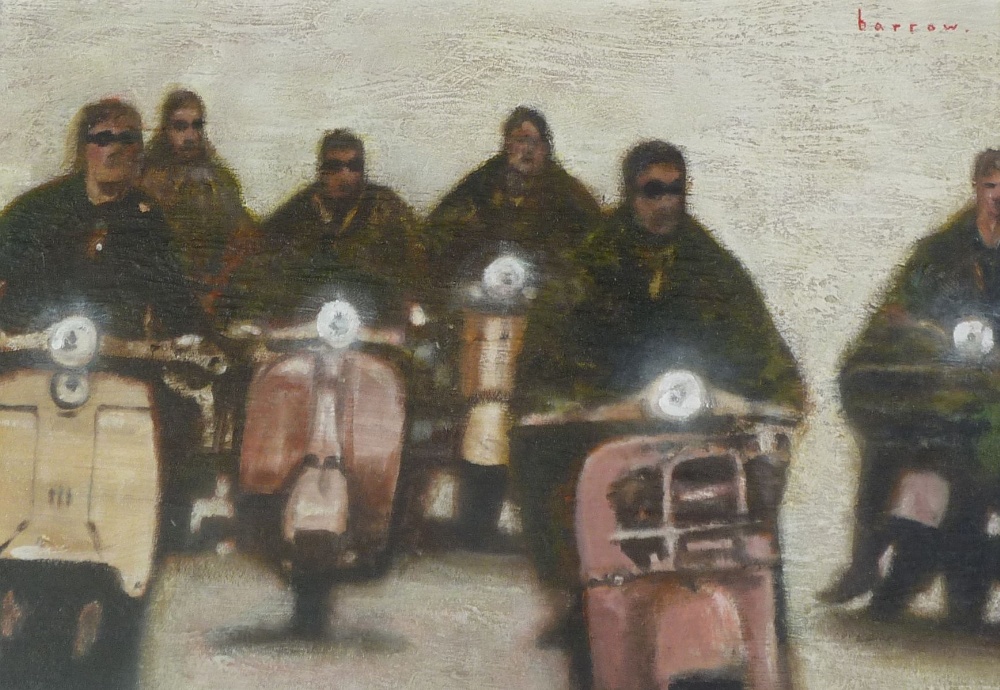 DAVID BARROW (B. 1959) OIL ON BOARD "Band on the Run" Signed. Titled verso 12 ¾" x 18 ½" (32.4cm x