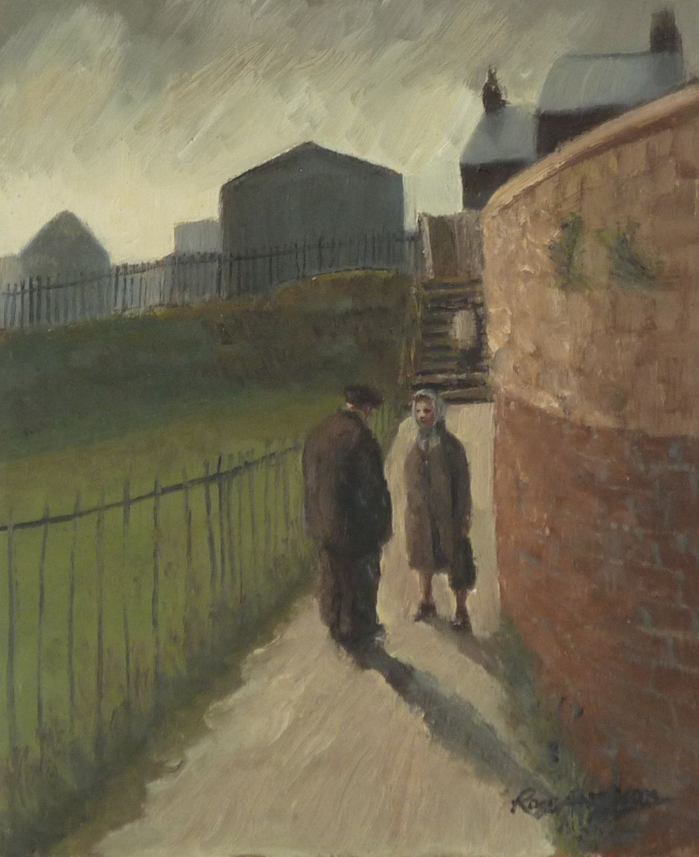 ROGER HAMPSON (1925 - 1996) OIL PAINTING ON BOARD `The Ladies` Walk, Tyldesley` signed, titled and