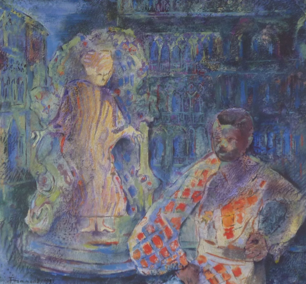 FRANK HAMMOND (Twentieth century) OIL ON CARD "HARLEQUIN AND CARNIVAL EFFIGY" Signed and dated