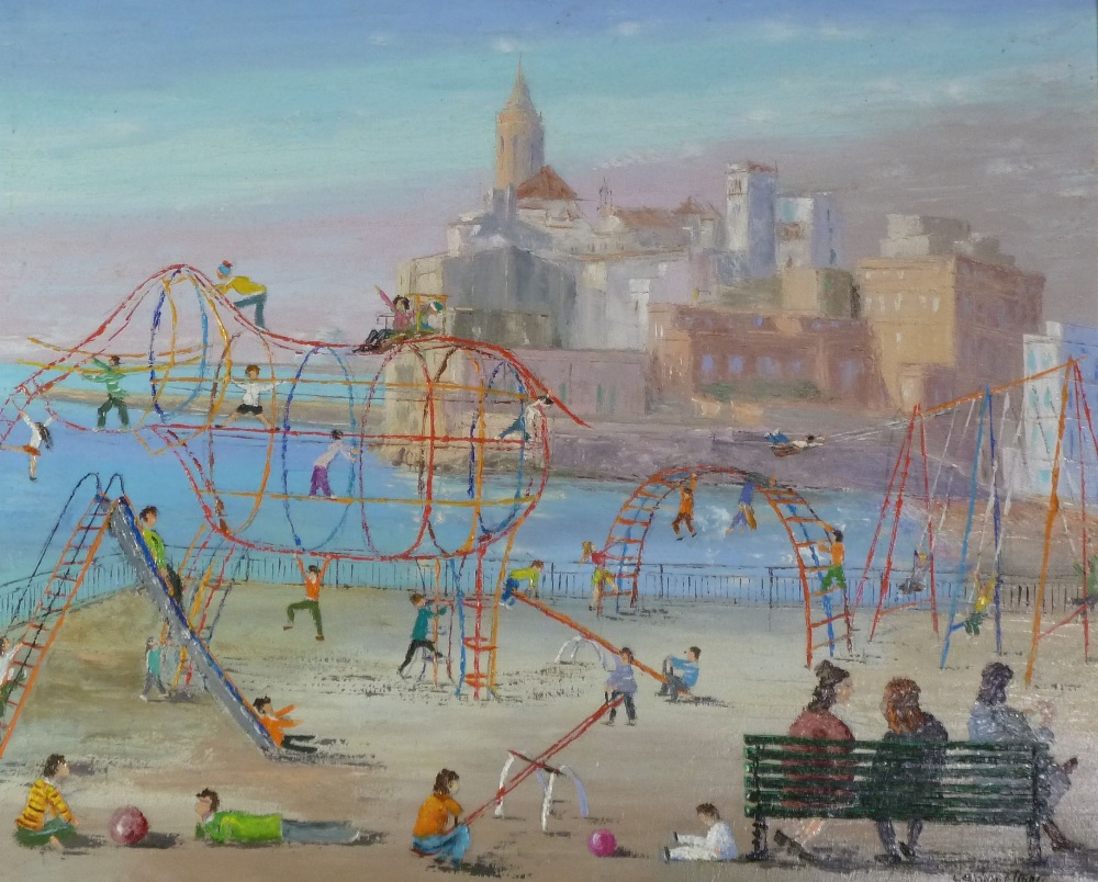 CARBONE HOPIS? (20th CENTURY SPANISH) OIL PAINTING Children in playground with town in the distance,