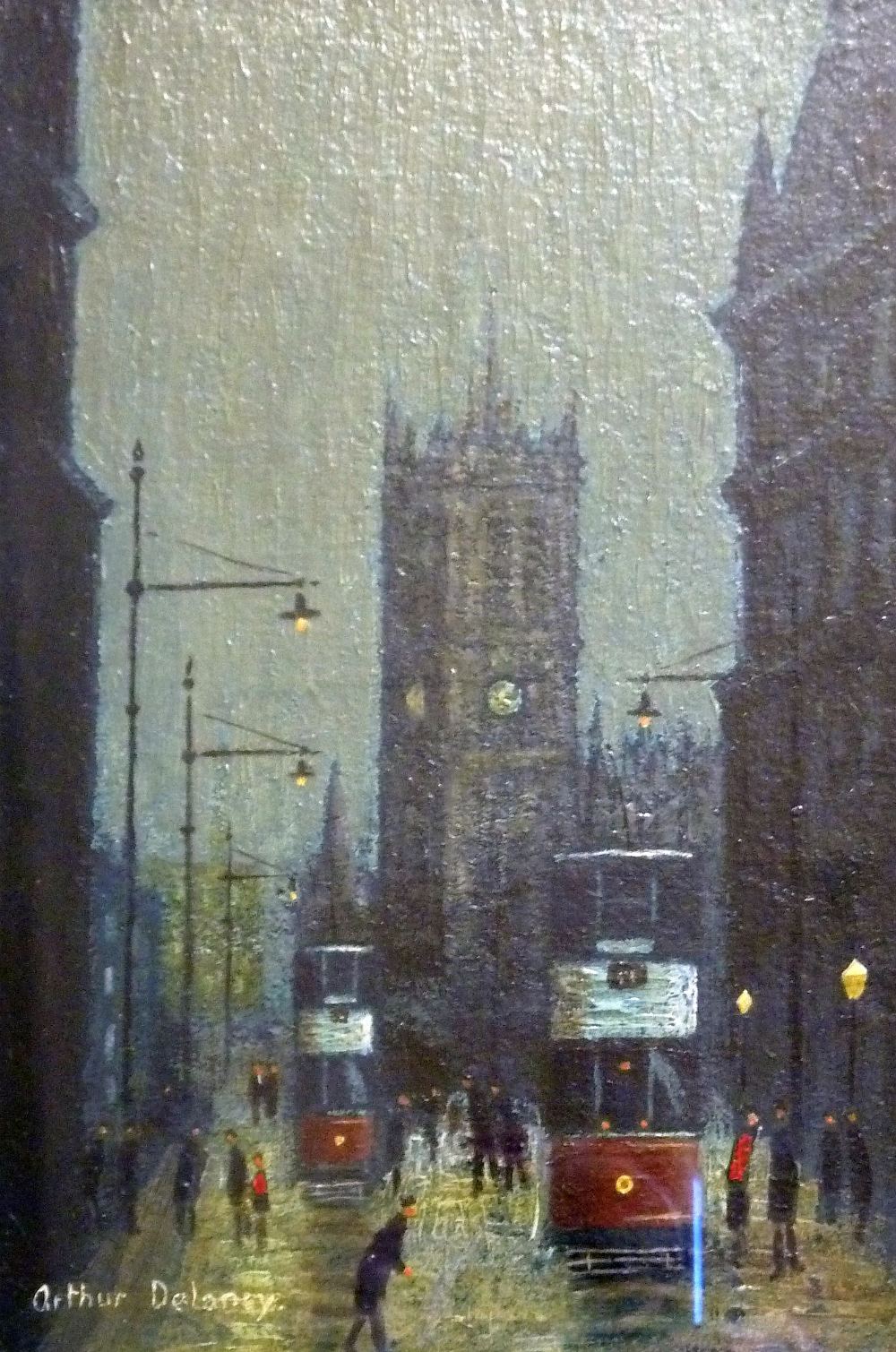•ARTHUR DELANEY (1927 - 1987) OIL PAINTING ON BOARD Deansgate with Manchester Cathedral signed lower