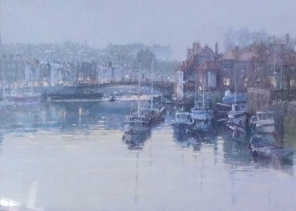 •BOB RICHARDSON (b. 1938) PASTEL DRAWING `Whitby`, harbour scene by evening light Signed lower