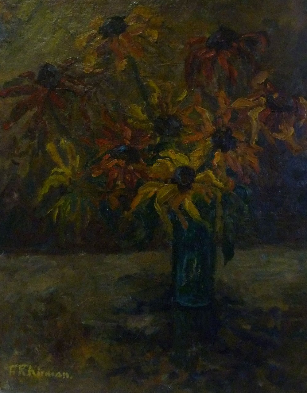 T. R. KIRMAN (modern) OIL PAINTING ON BOARD Flowers in a glass vase signed lower left unframed 21" x