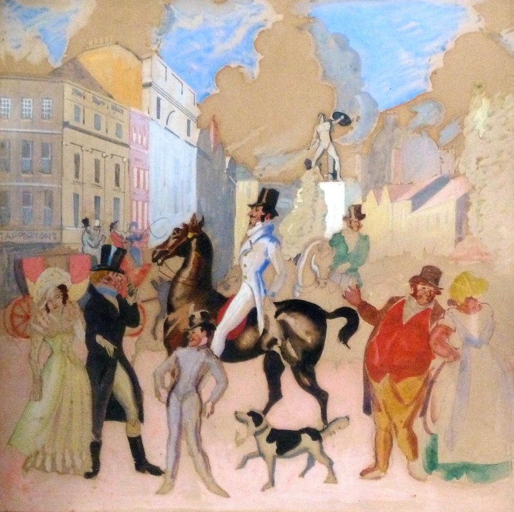 HARRY RUTHERFORD (1903-1985) PENCIL AND WATERCOLOUR DRAWING Regency street scene busy with figures
