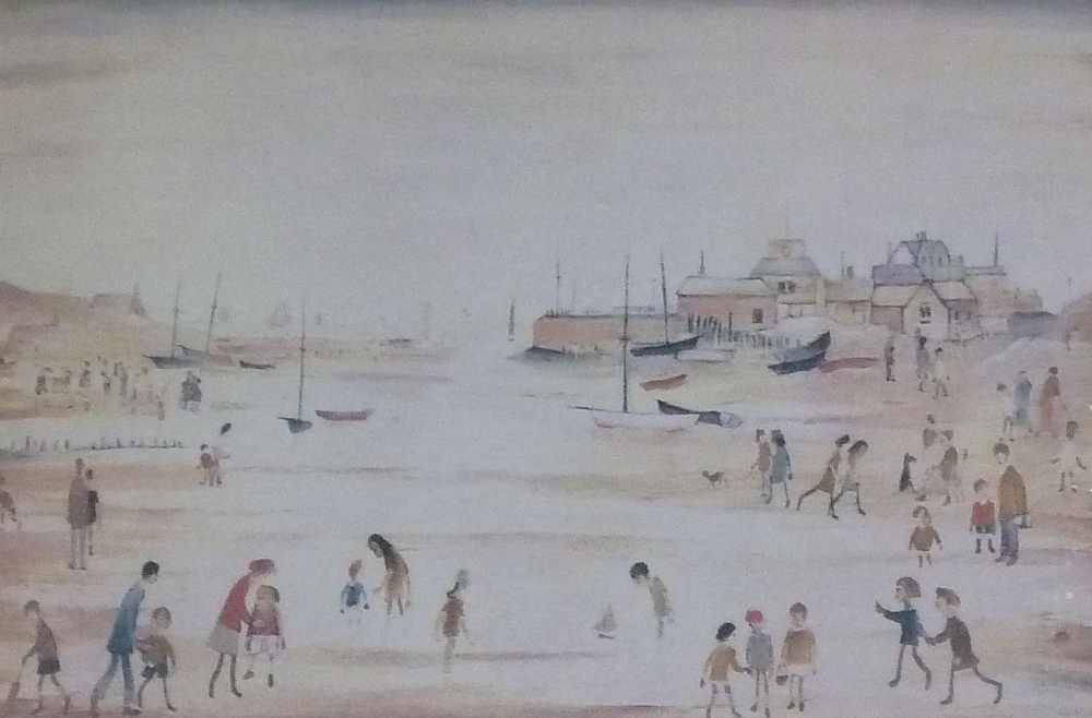 •LAURENCE STEPHEN LOWRY (1887-1976) ARTIST SIGNED LIMITED EDITION COLOUR PRINT `On the sands` (270/