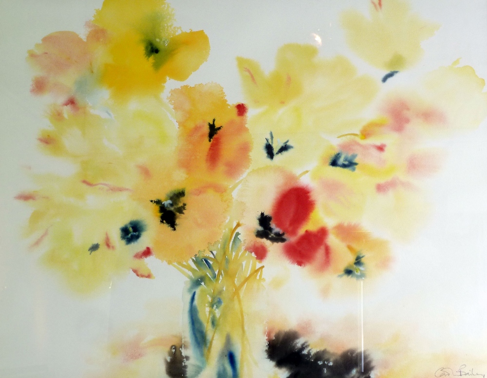 •CAROLINE BAILEY (b.1953) WATERCOLOUR Still life - Yellow flowers in a vase signed 23 1/4" x 30" (