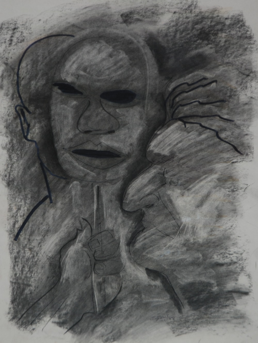 JOHN LYONS (twentieth century) CHARCOAL AND FELT TIP ON PAPER `Shifty Persona` signed and date (