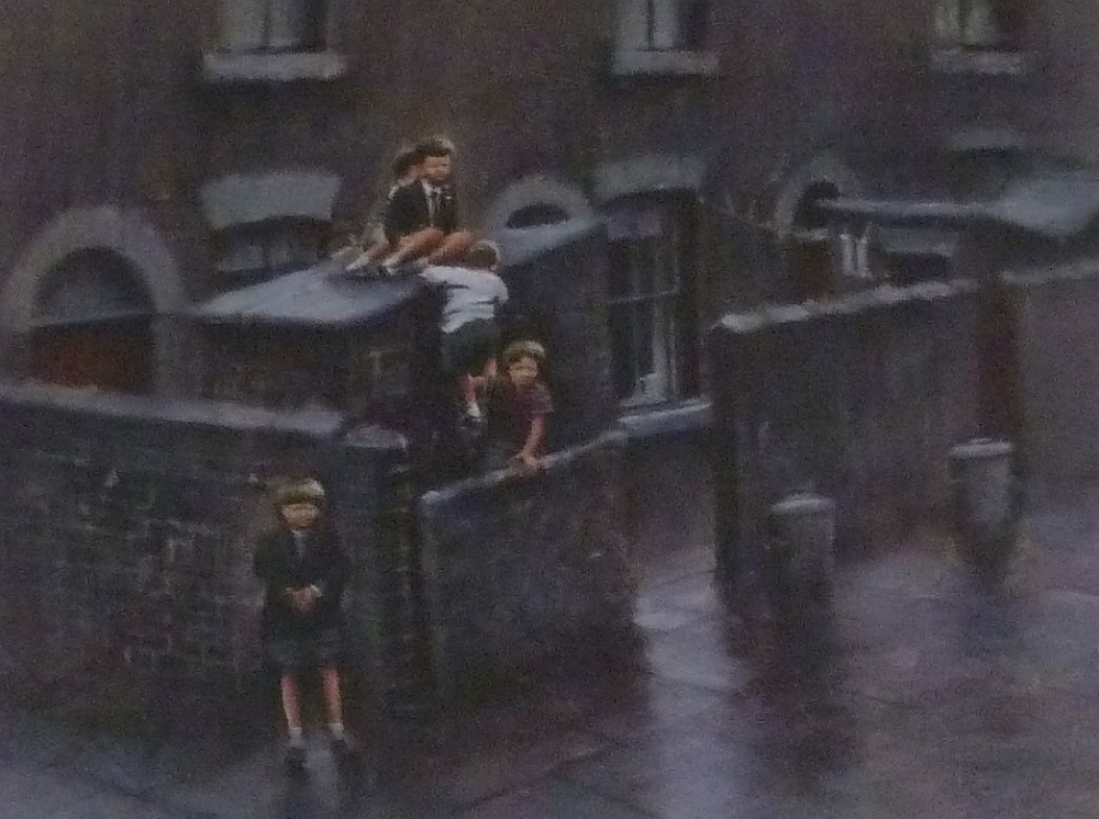 •MARC GRIMSHAW (b. 1957) PASTEL Children playing behind terraced houses Signed 15 1/2" x 20" (39.4 x