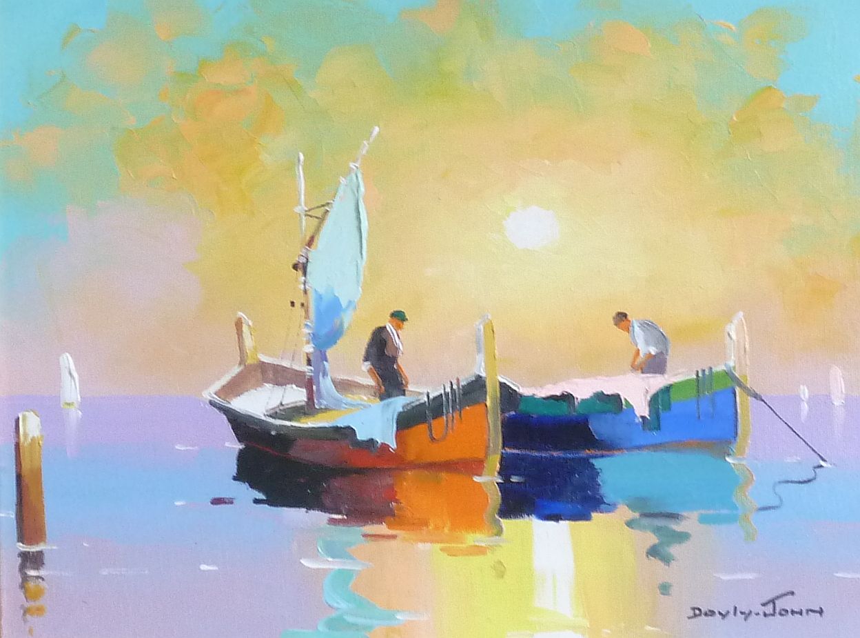 C R DOYLY-JOHN (1906 - 1993) OIL PAINTING ON CANVAS Fishermen in their boats at sunset Signed