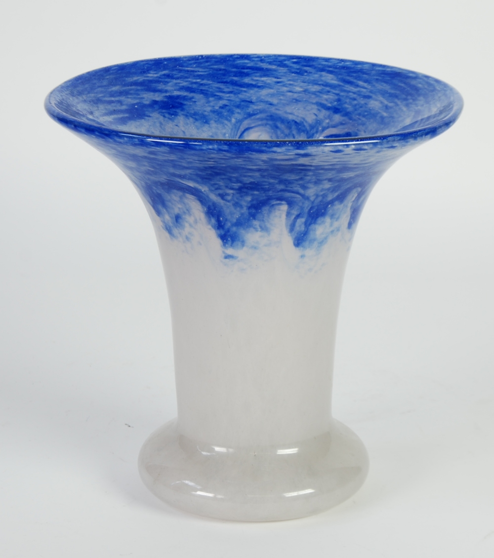 VASART COLOURED GLASS VASE, of flared form with swollen base, pale grey with swirling speckled blue