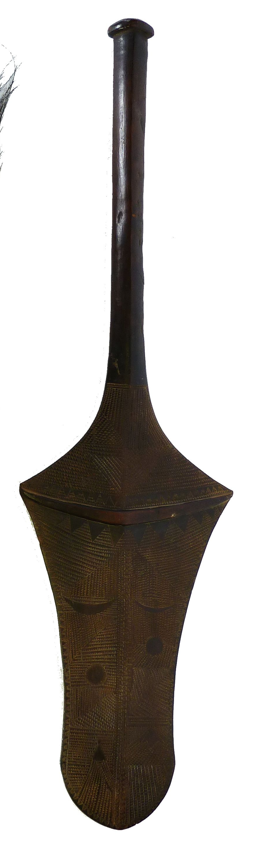 A FIJIAN KINIKINI CLUB, typical paddle form with intricately carved blade, decorated with sharks,