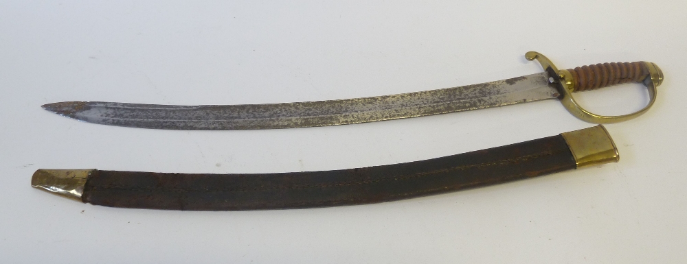 NINETEENTH CENTURY NAVY CUTLASSS, the single edge curved fullered blade with false edge, the brass