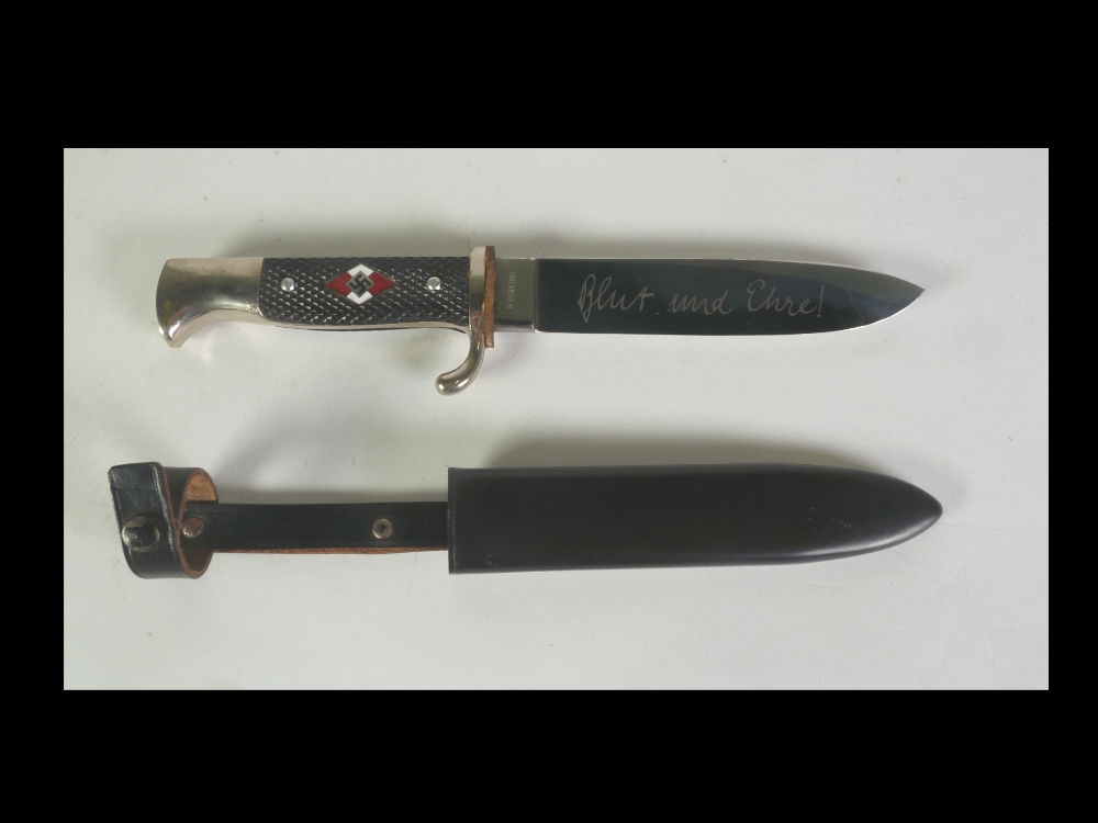 REGULATION HITLER YOUTH SCOUTING KNIFE, the 5 5/8" blade, with etched motto `Blut und Ehre` and