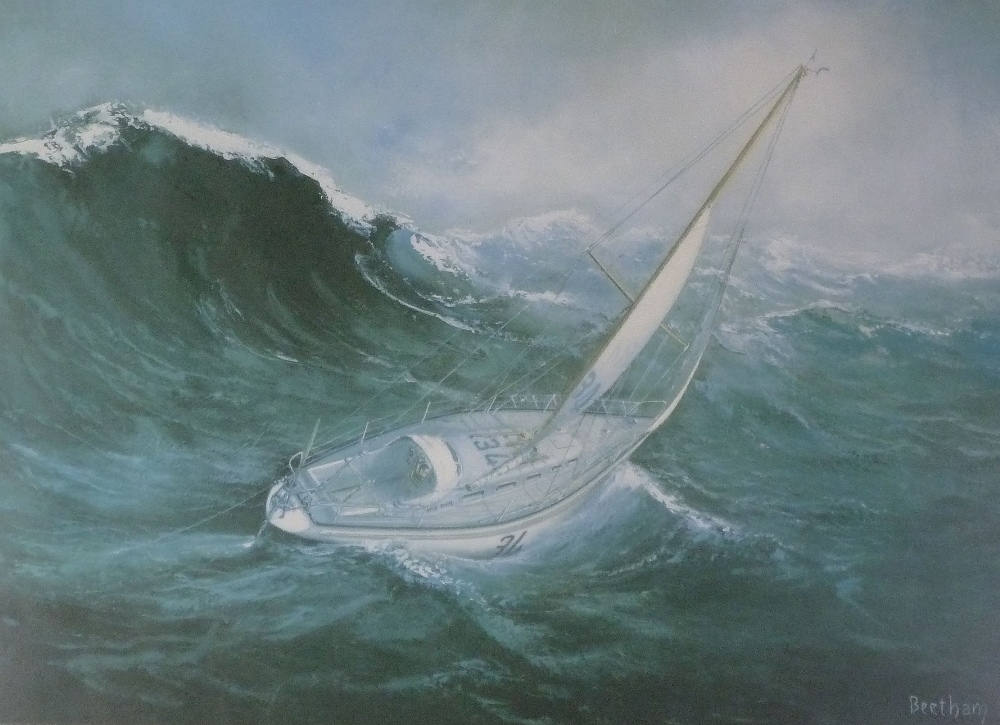 JOE BEETHAM COLOUR PRINT `WILD RIVAL`, SAILED BY GEOFF HALES Signed by the artist and the sailor