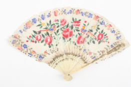 A Chinese feather and bone fan, with bone guard sticks and inner sticks (part gilt painted), the