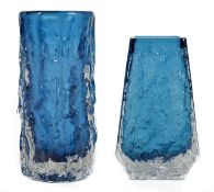 Two Whitefriars Kingfisher blue glass vases, bark effect, one of cylindrical form, the other square