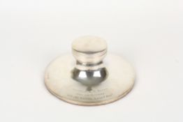 A very large silver inkwell in the form of a capstan, hallmarked Birmingham 1939, with inscription