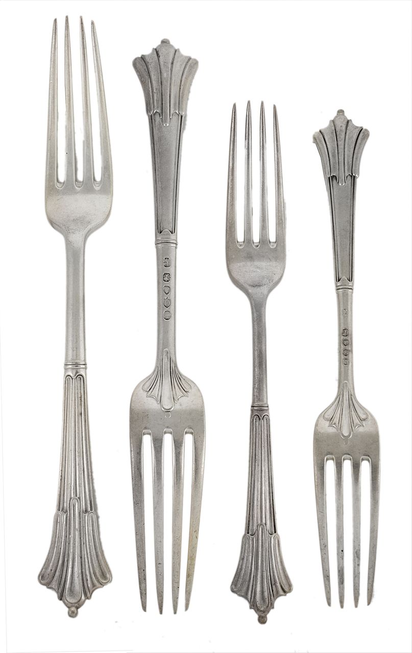 An assorted collection of silver forks, Comprising: 6 dinner and 6 desert forks, hallmarks for