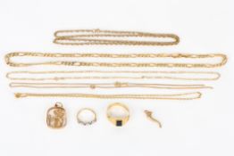 A quantity of 9ct gold jewellery, comprising five gold chain necklaces, two gold rings, a St