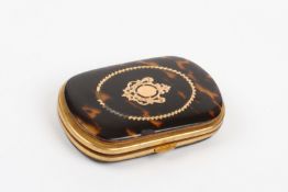 A Victorian gold and tortoiseshell piqué ware purse, with vacant cartouche, and purple fabric