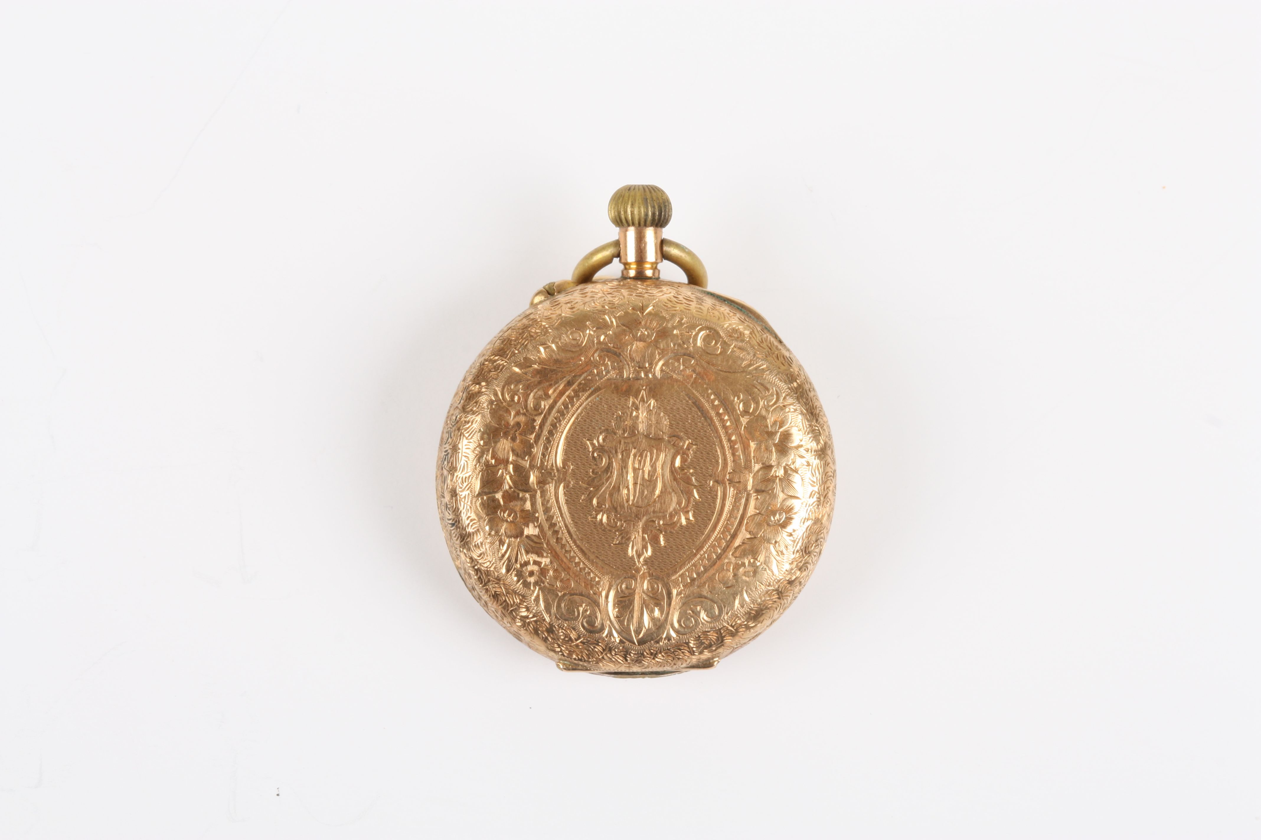 A ladies 14ct gold fob watch, with chased decoration to case and dial, with black Roman numerals, - Image 2 of 2