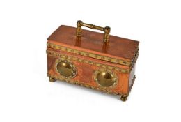 An Arts & Crafts hammered copper and brass box and cover, with riveted band and roundel decoration,