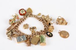 A 9ct gold charm bracelet, a padlock bracelet with padlock clasp, set with 18 charms including an