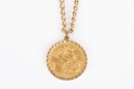 A Victorian sovereign mounted as a pendant, on 9ct gold chain  In good overall condition