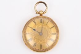 An 18ct gold ladies fob watch, in engine turned case with chased dial and black enamel Roman