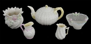 A collection of Irish Belleek porcelain, comprising: a porcelain teapot with green stamp of shell