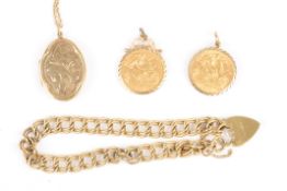 A pair of half sovereign earrings, a 9ct gold bracelet and a 9ct gold locket, the locket with