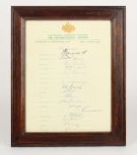 An Australian XI 1953 Coronation Cricket Tour Autograph sheet, from the Australian Board of Control