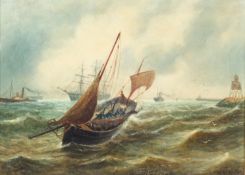 Bernard Benedict Hemy (1845-1913) British, Stormy seascape with a fishing boat in rough seas, tall