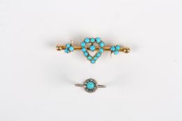A Victorian gold and turquoise sweetheart bar brooch, and a gold and turquoise ring with central