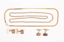 Two 9ct gold necklaces and two pairs of 9ct gold cufflinks, a flexible necklace and a belcher chain