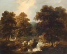 James Stark (1794-1859) British, A wooded river landscape with waterfall in the foreground and man