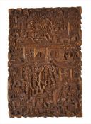 A Chinese carved hardwood calling case case, circa 1910, finely carved all over with figures,