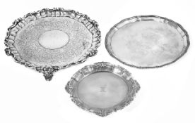 Three silver trays, the first hallmarked London 1844 by Charles Reily & George Storer, the second