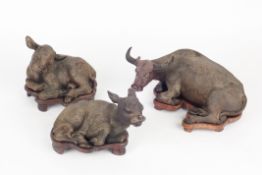 A group of three Chinese pottery buffalo, mid 20th century, the group comprising a male buffalo and