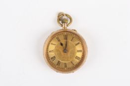 A ladies 14ct gold fob watch, with chased decoration to case and dial, with black Roman numerals,
