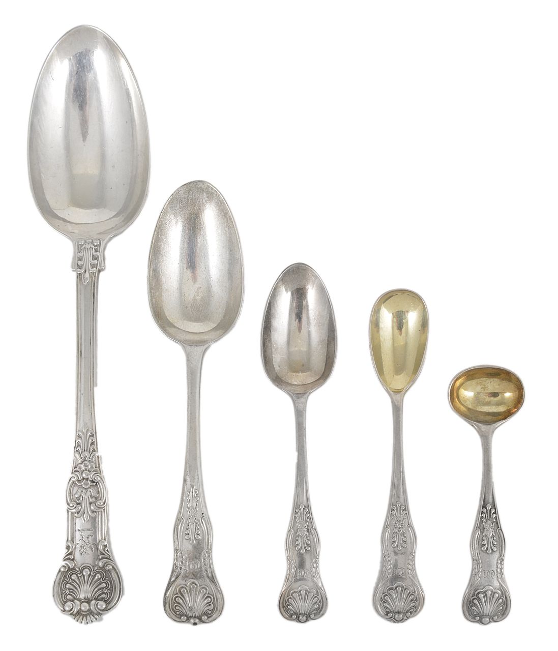 A quantity of silver serving, desert, and cruet spoons, hallmarks include London 1813, and makers