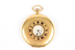 A Tavannes 18ct yellow gold half hunter pocket watch, the case with black enamel Roman numerals,