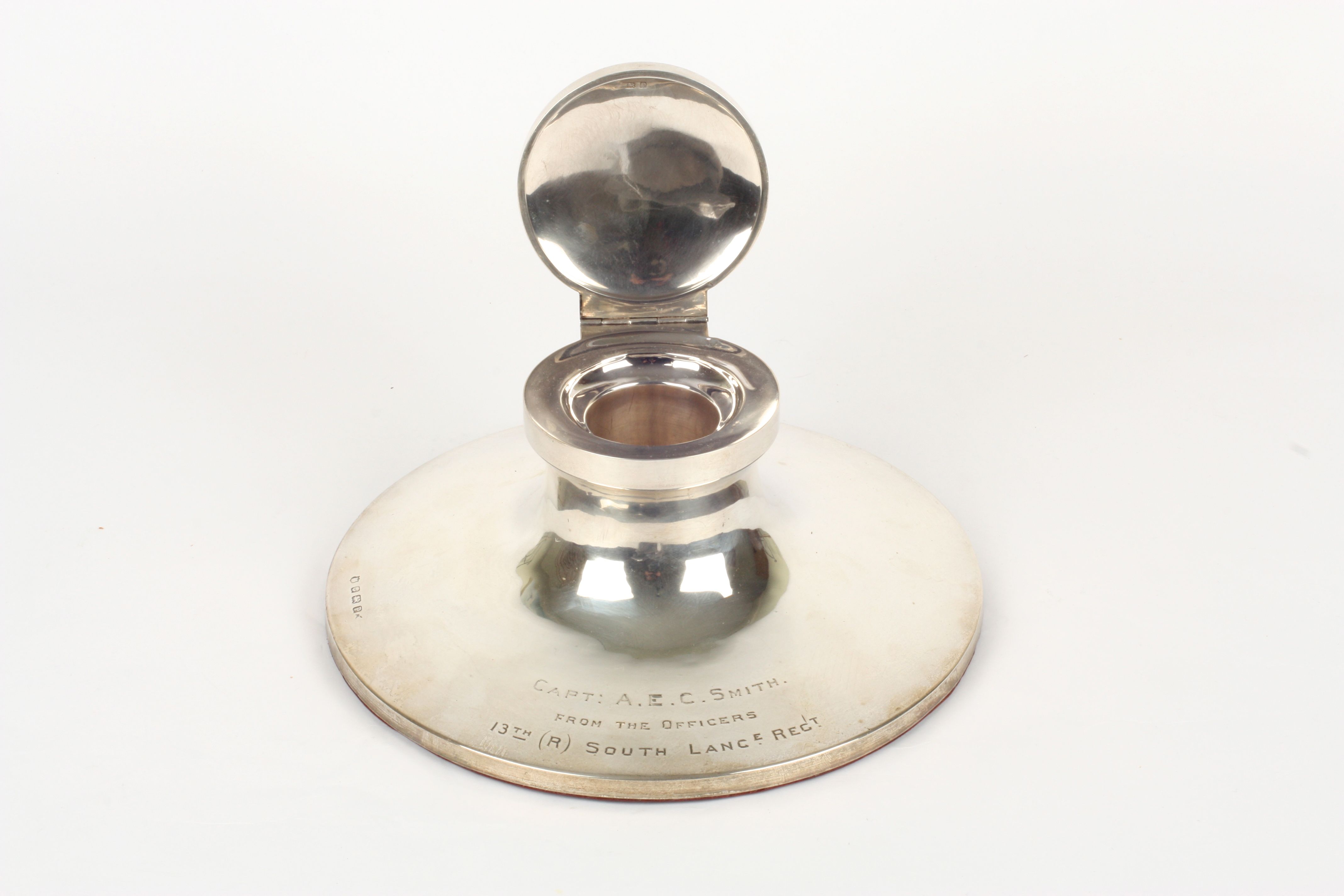 A very large silver inkwell in the form of a capstan, hallmarked Birmingham 1939, with inscription - Image 2 of 2