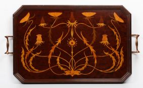 An Edwardian inlaid mahogany tray, of rectangular form with shaped side inlaid with satinwood