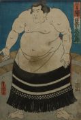 A group of 7 Japanese 19th century woodblock prints, depicting wrestlers, signed Toyokuni ga,