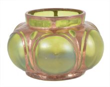 An Austrian Loetz style Art Nouveau copper mounted green glass vase, the green iridescent glass