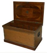 A gentleman?s Victorian fitted pine travelling chest, the lid opening to reveal a mahogany fitted