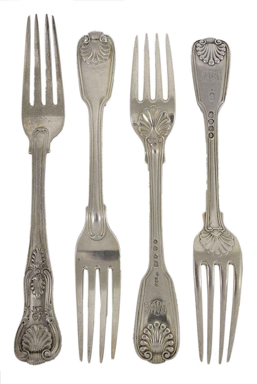 A collection of silver forks, dating from early to late 19th century, makers include G Adams and