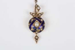 A Victorian gold, enamel and seed pearl pendant, formed as entwined blue enamel ribbons surrounding